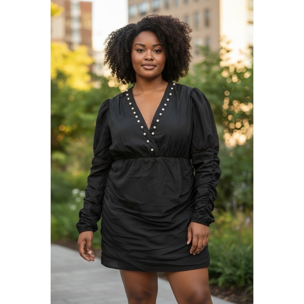 NWT L'Atiste by Amy Black Ruched Bling Trim Mini Dress 1X